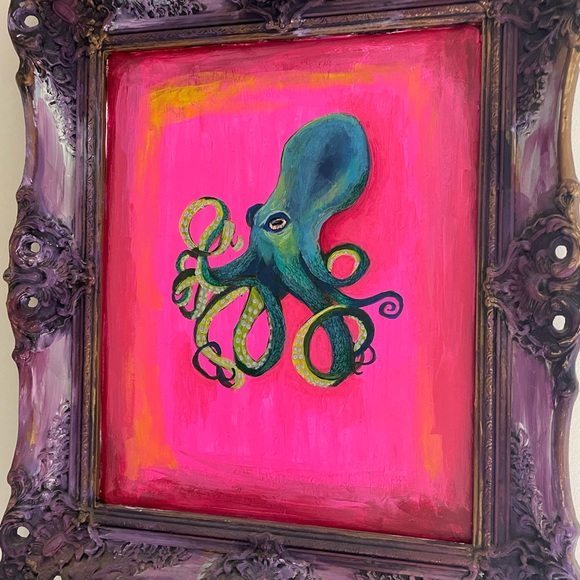Original Octopus Acrylic Painting over a Thrifted Framed Art Print - 26x22” - Picture 8 of 9